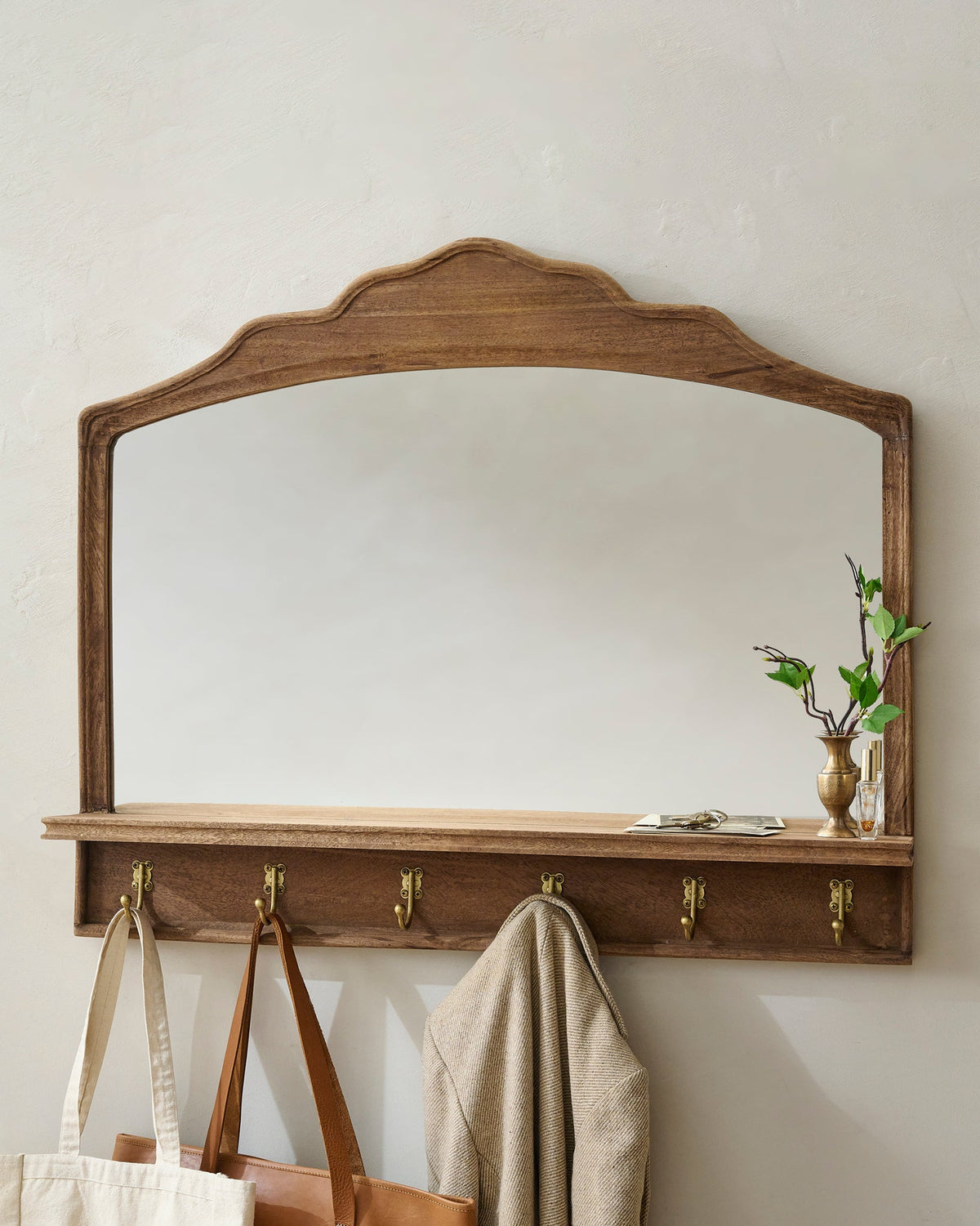 Mavelle Oversized James Mirror with Hooks and Shelf wall shelf - Styled in Room