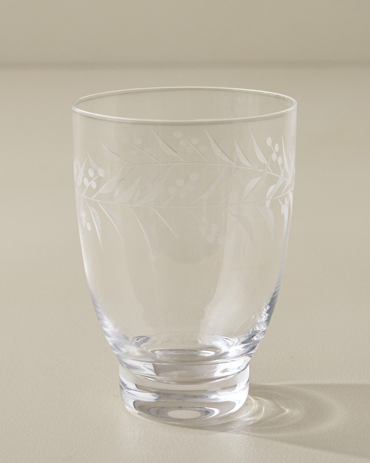 Mavelle Vintage-Inspired Etched Glass Tumbler drinking glass - Styled in Room