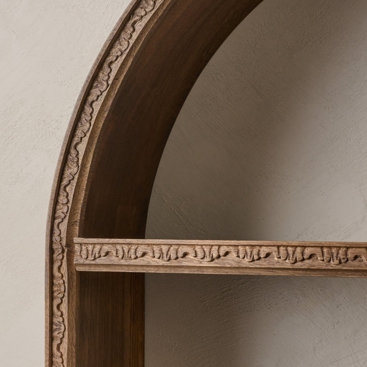 Mavelle Hand Carved Wooden Archer Shelf wall shelf - Styled in Room
