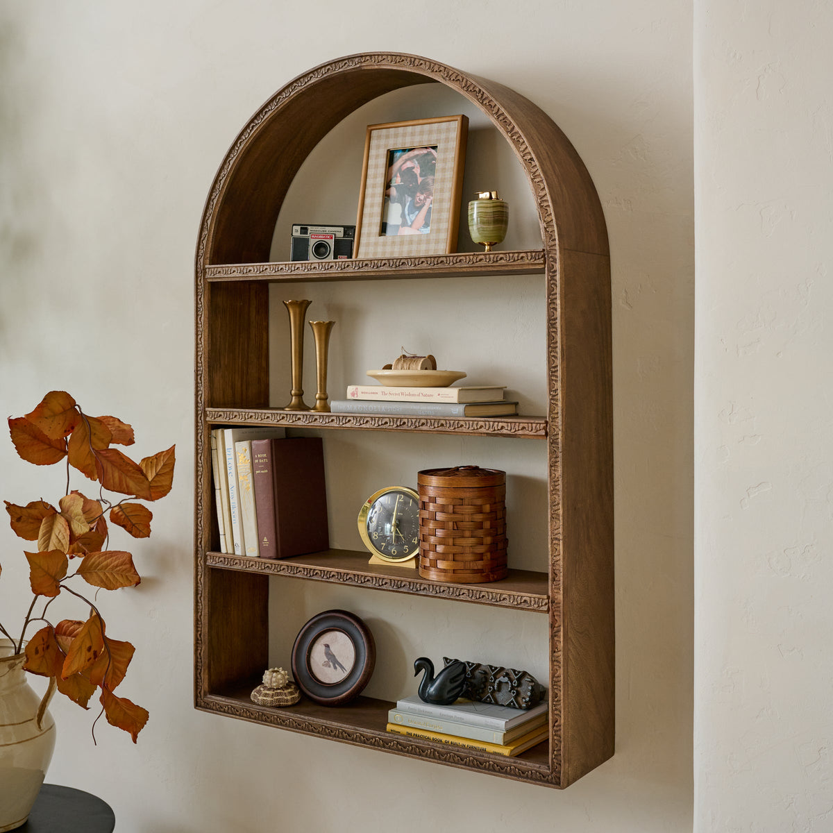 Mavelle Hand Carved Wooden Archer Shelf wall shelf - Close-Up