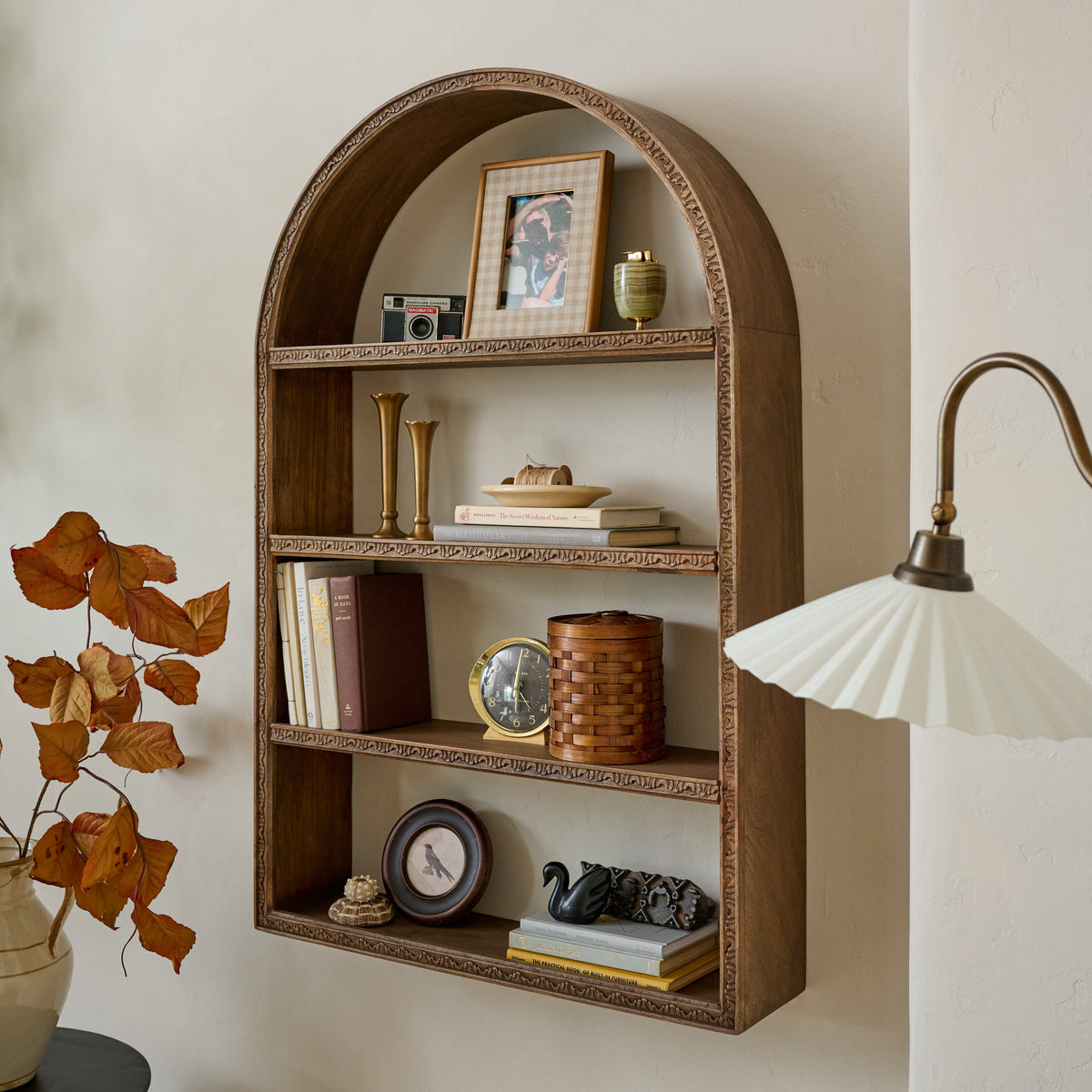Mavelle Hand Carved Wooden Archer Shelf wall shelf - Detail View