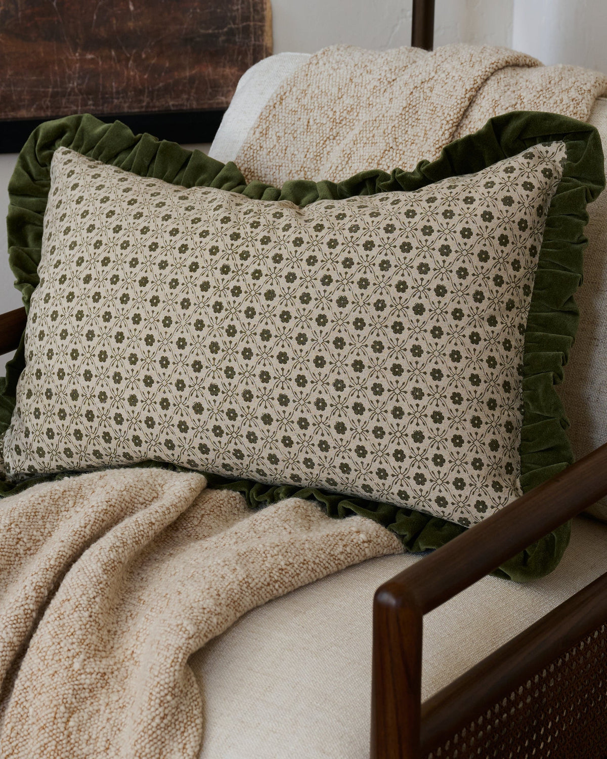 Mavelle Thea Block Print Pillow with Velvet Ruffle Edge throw pillow - Detail View