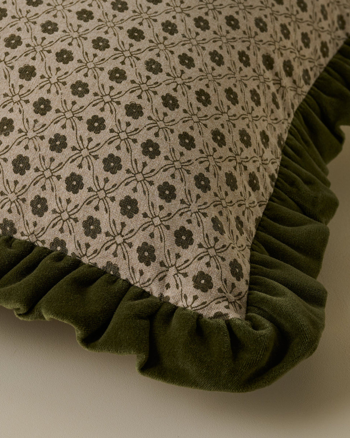 Mavelle Thea Block Print Pillow with Velvet Ruffle Edge throw pillow - Styled in Room