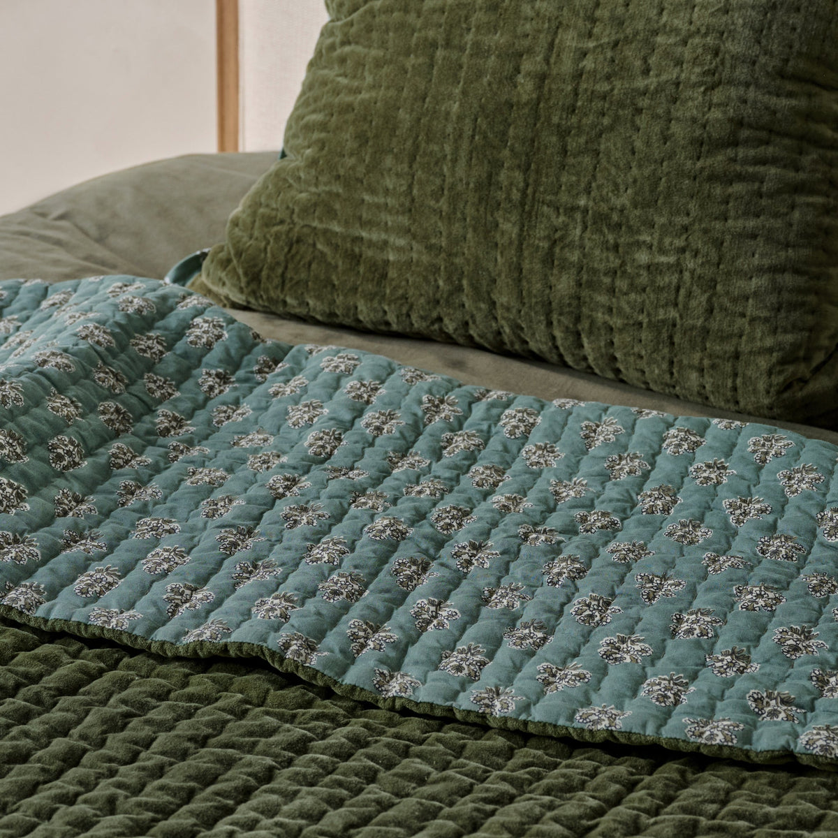 Mavelle Winter Moss Audrey Velvet Block Print Quilt & Sham Set (Queen) quilt