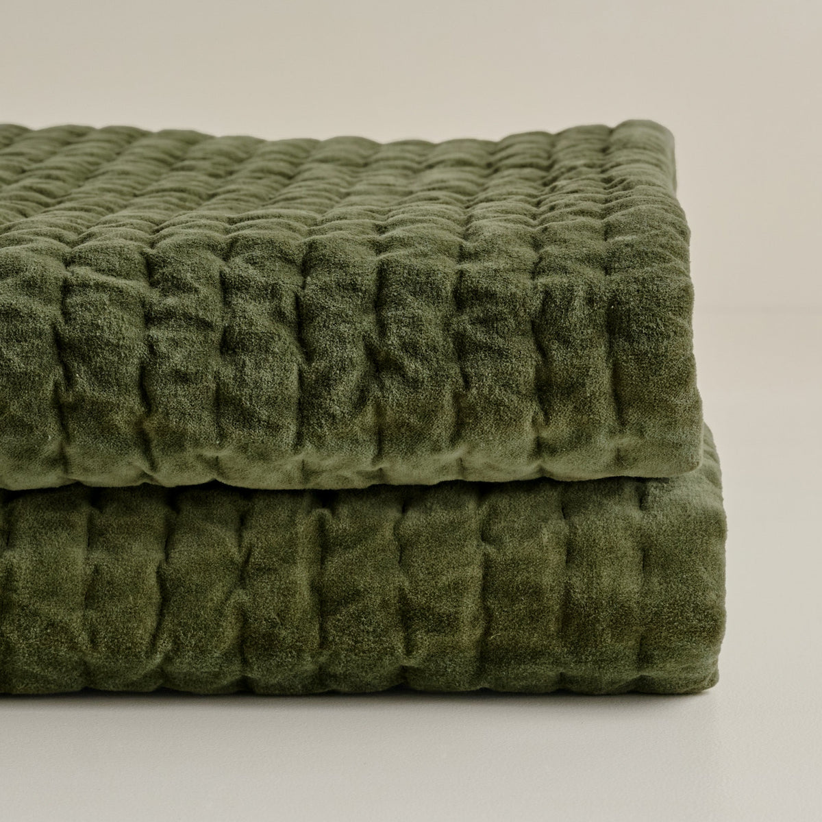 Mavelle Winter Moss Audrey Velvet Block Print Quilt & Sham Set (Queen) quilt - Styled in Room