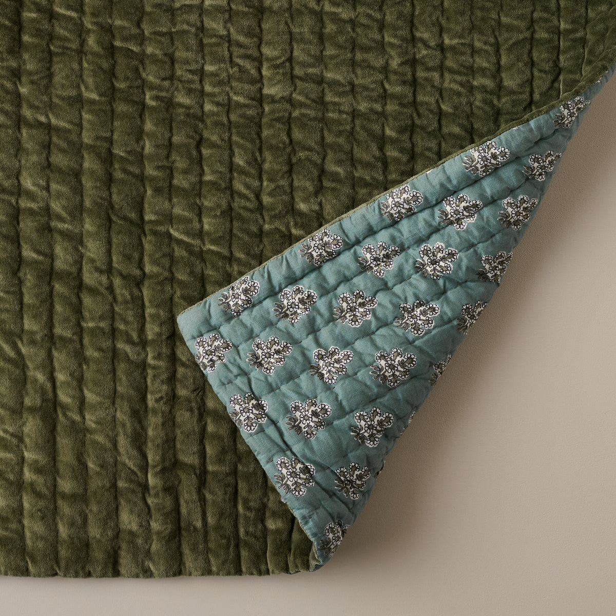 Mavelle Winter Moss Audrey Velvet Block Print Quilt & Sham Set (Queen) quilt - Close-Up