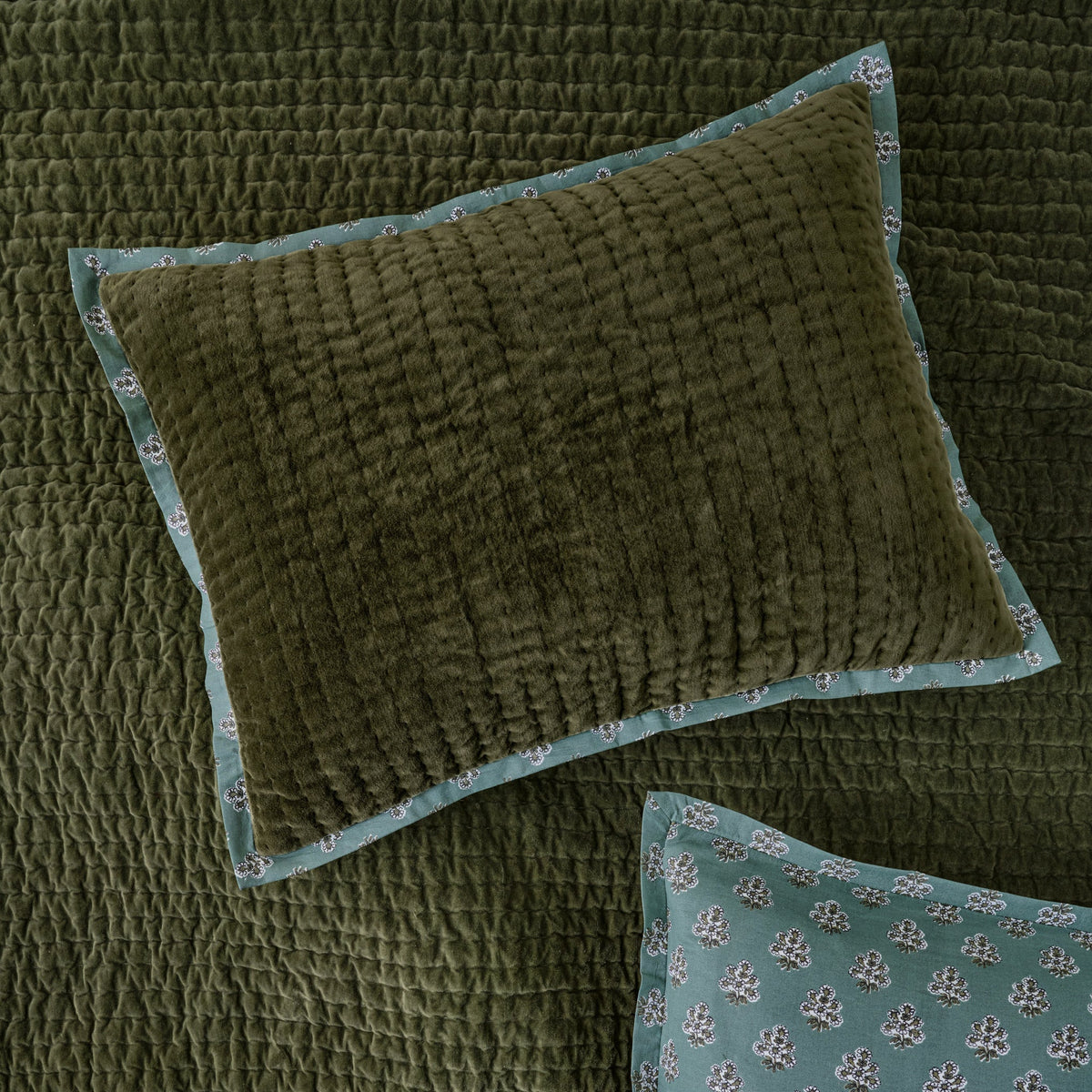 Mavelle Winter Moss Audrey Velvet Block Print Quilt & Sham Set (Queen) quilt - Side View