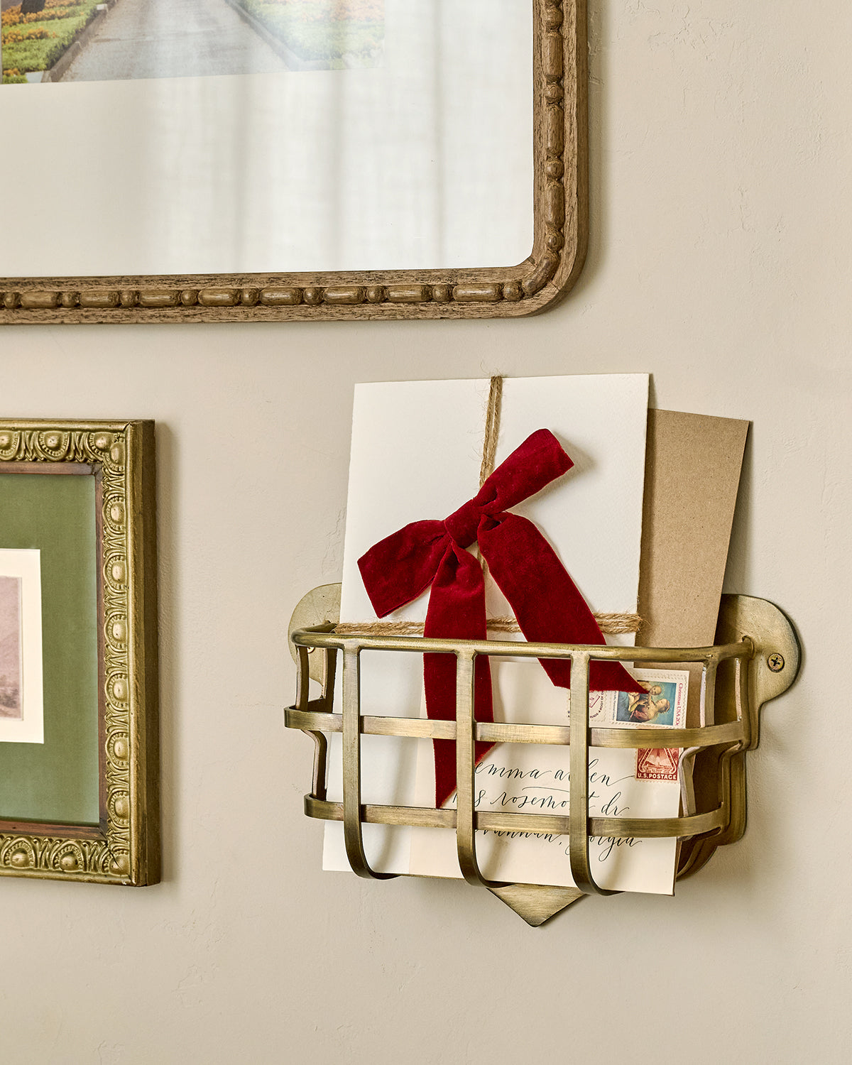 Mavelle Antiqued Brass Mail Holder mirror - Styled in Room