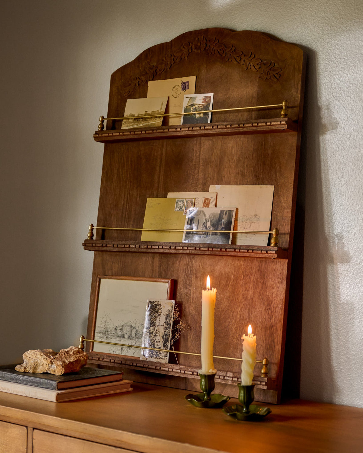 Mavelle Gloria Carved Wood and Brass Display Shelf wall shelf - Detail View