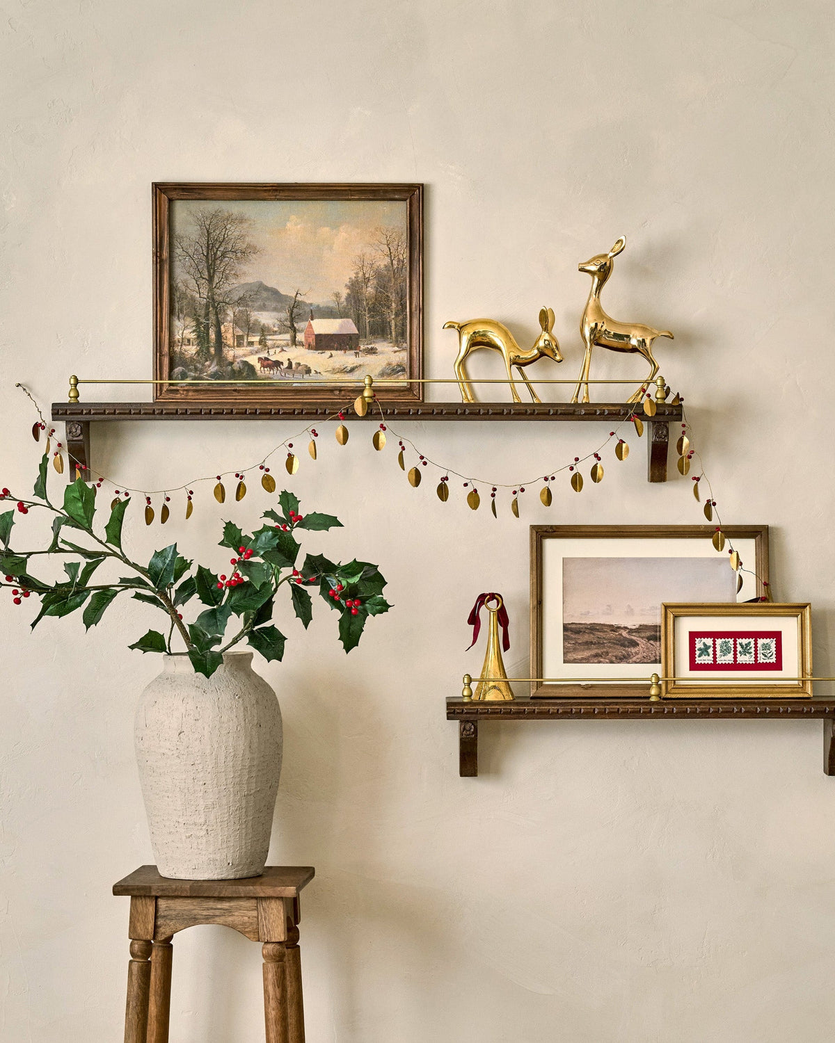 Mavelle Gloria Carved Wood and Brass Picture Ledge wall shelf - Side View