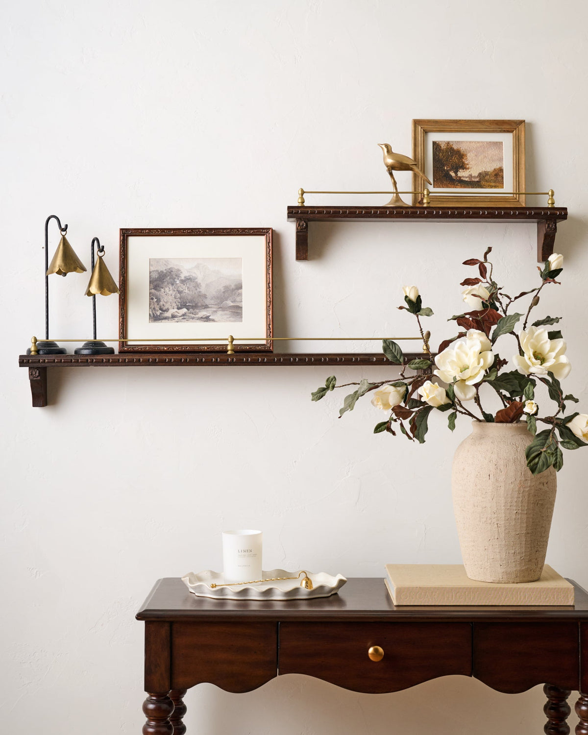 Mavelle Gloria Carved Wood and Brass Picture Ledge wall shelf - Detail View