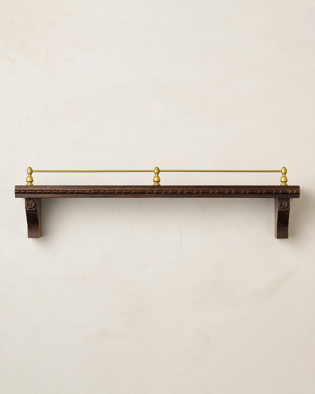 Mavelle Gloria Carved Wood and Brass Picture Ledge wall shelf - Styled in Room