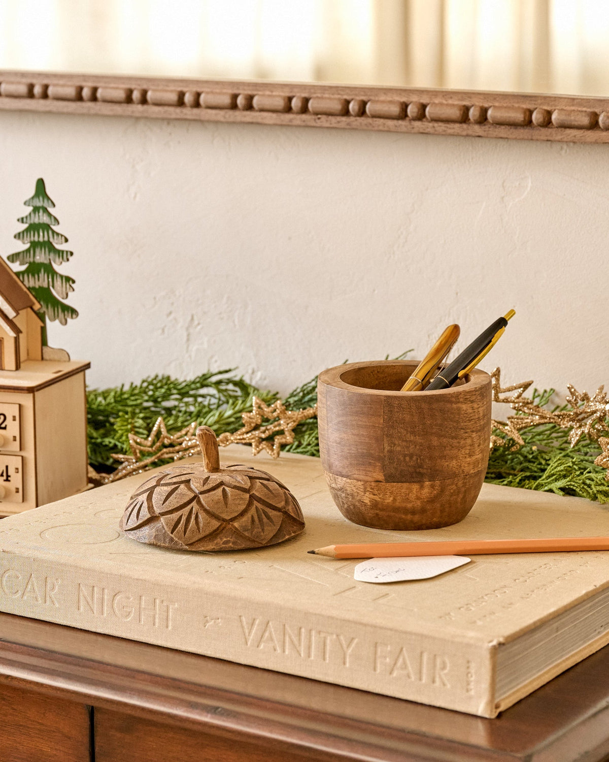 Mavelle Hand-Carved Wooden Acorn Canister kitchen storage piece - Detail View