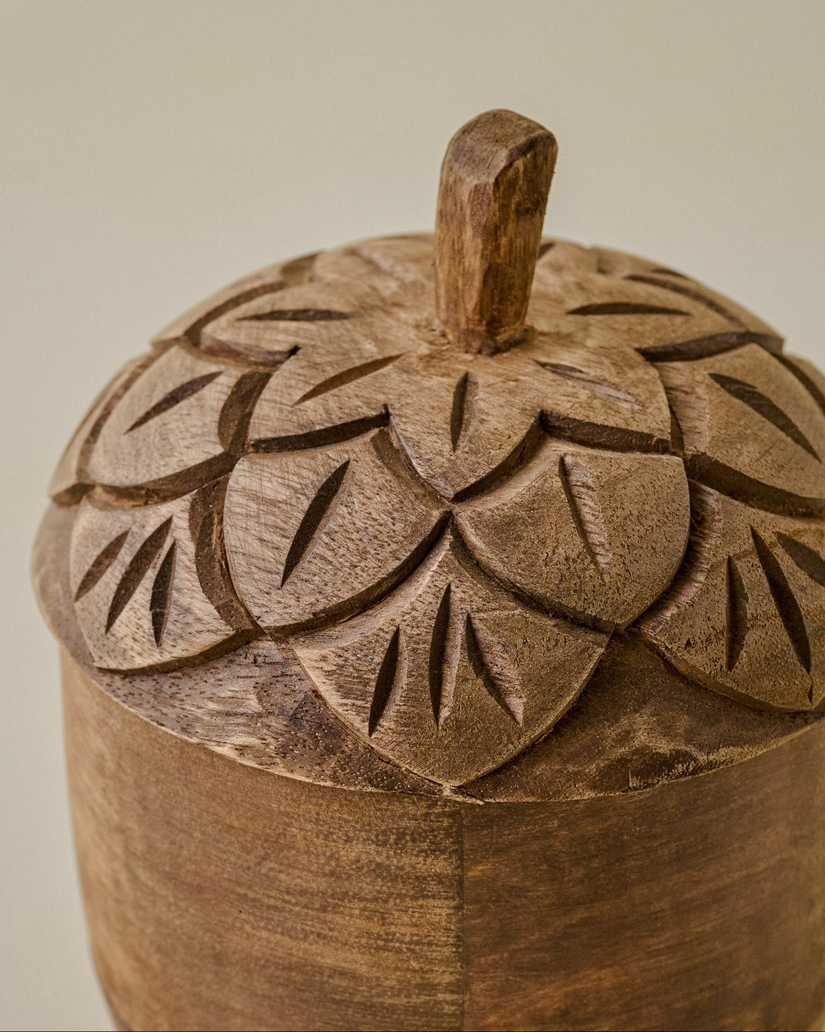 Mavelle Hand-Carved Wooden Acorn Canister kitchen storage piece - Styled in Room