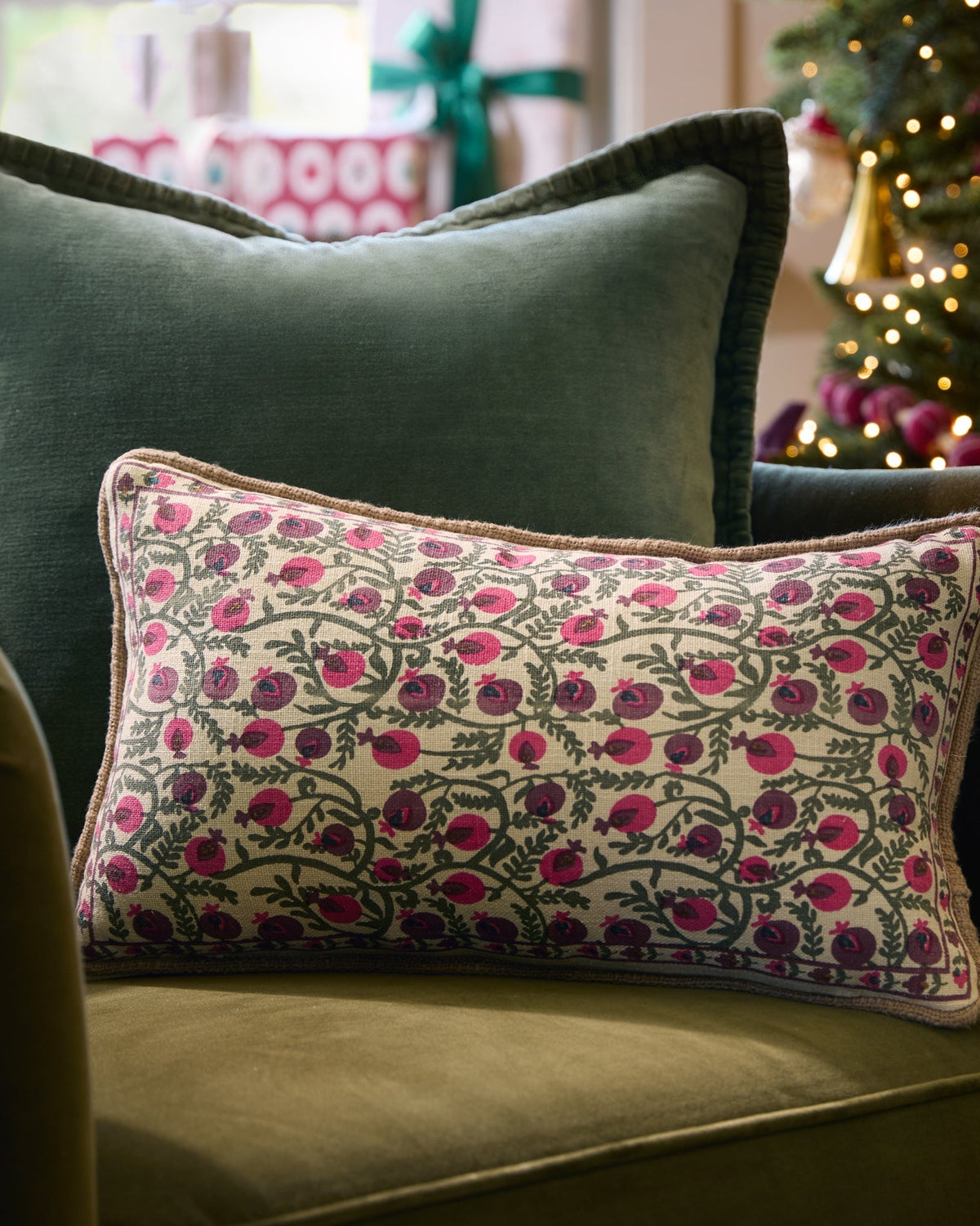 Mavelle Festive Pomegranate Block Print Small Lumbar Pillow throw pillow - Detail View