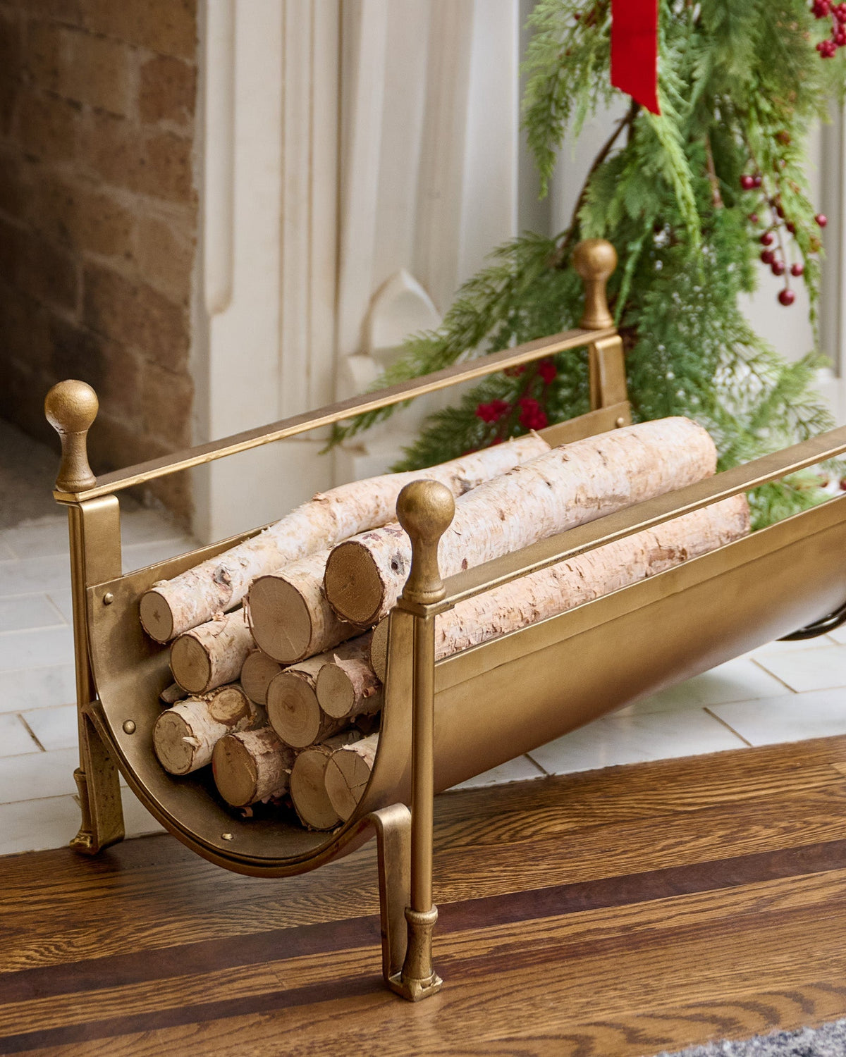 Mavelle Shepherd Brass Log Holder fireplace accessory - Detail View
