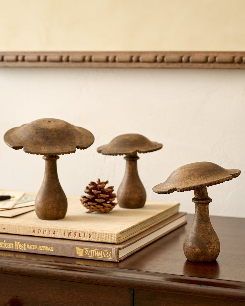 Mavelle Hand-Carved Decorative Wooden Mushroom, Set of 3 decorative accent - Detail View