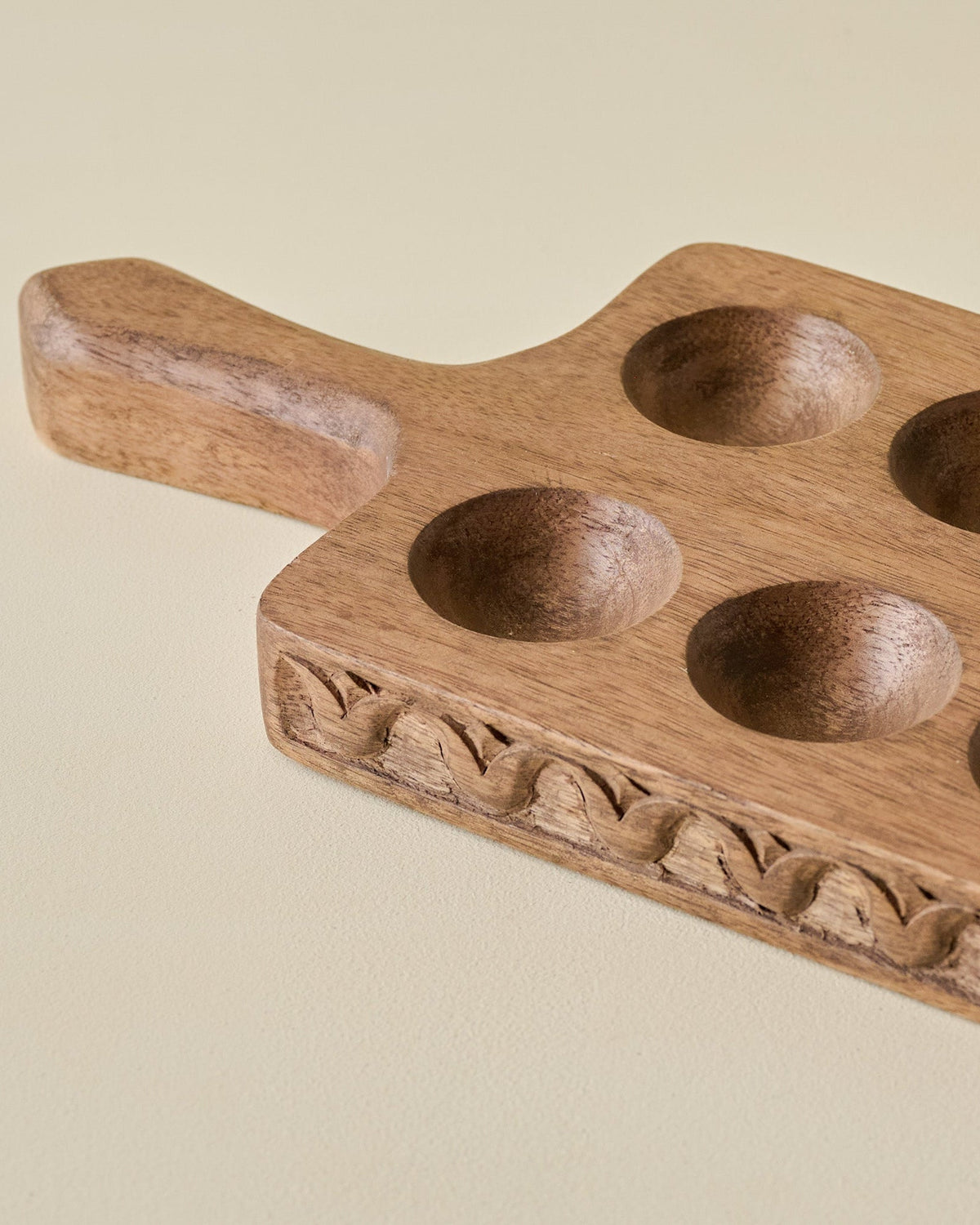Mavelle Antiqued Wood Tulip Carved Edge Egg Tray decorative tray - Styled in Room