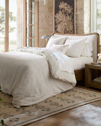 Mavelle Kennie Upholstered Bed Frame with Carved Solid Oak and Linen Headboard headboard - Detail View