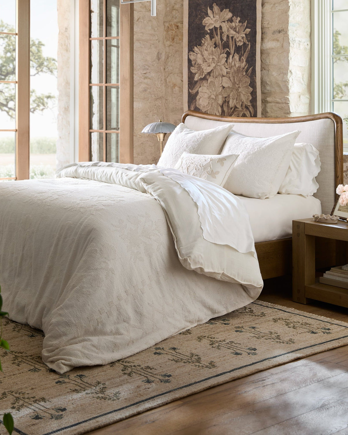 Mavelle Kennie Upholstered Bed Frame with Carved Solid Oak and Linen Headboard headboard - Detail View
