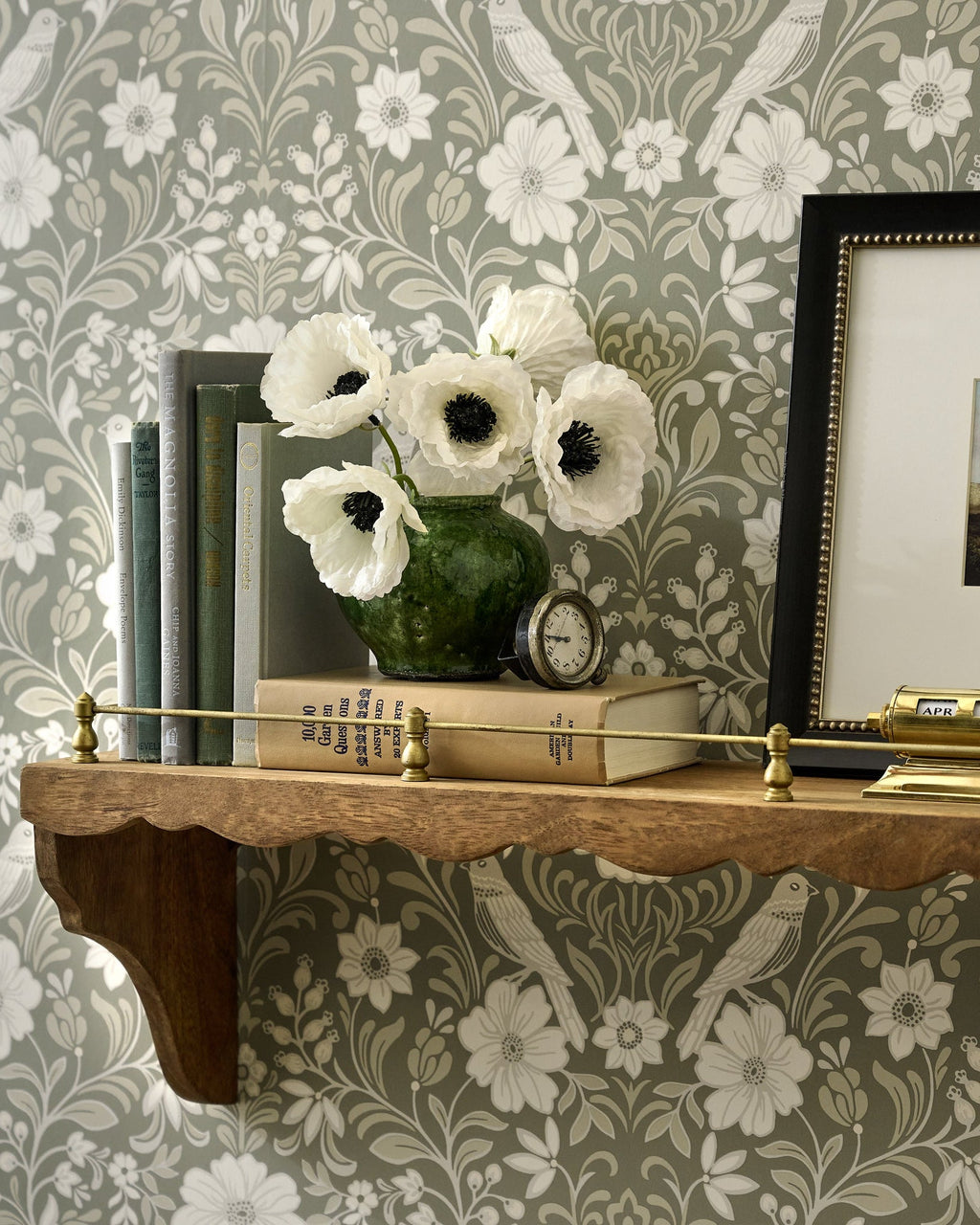 Mavelle Quinn Wood and Brass Railing Shelf wall shelf - Styled in Room
