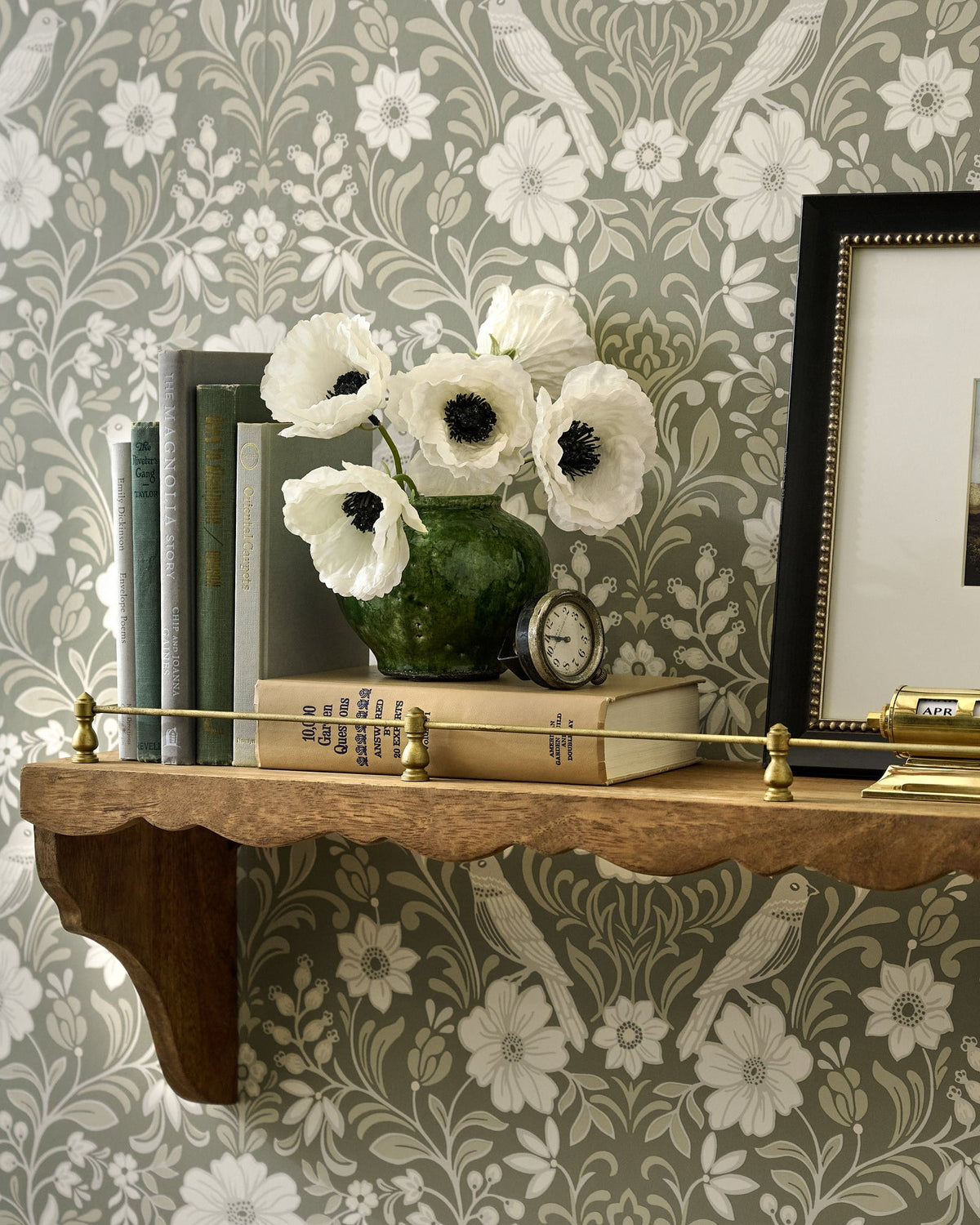 Mavelle Quinn Wood and Brass Railing Shelf wall shelf - Styled in Room