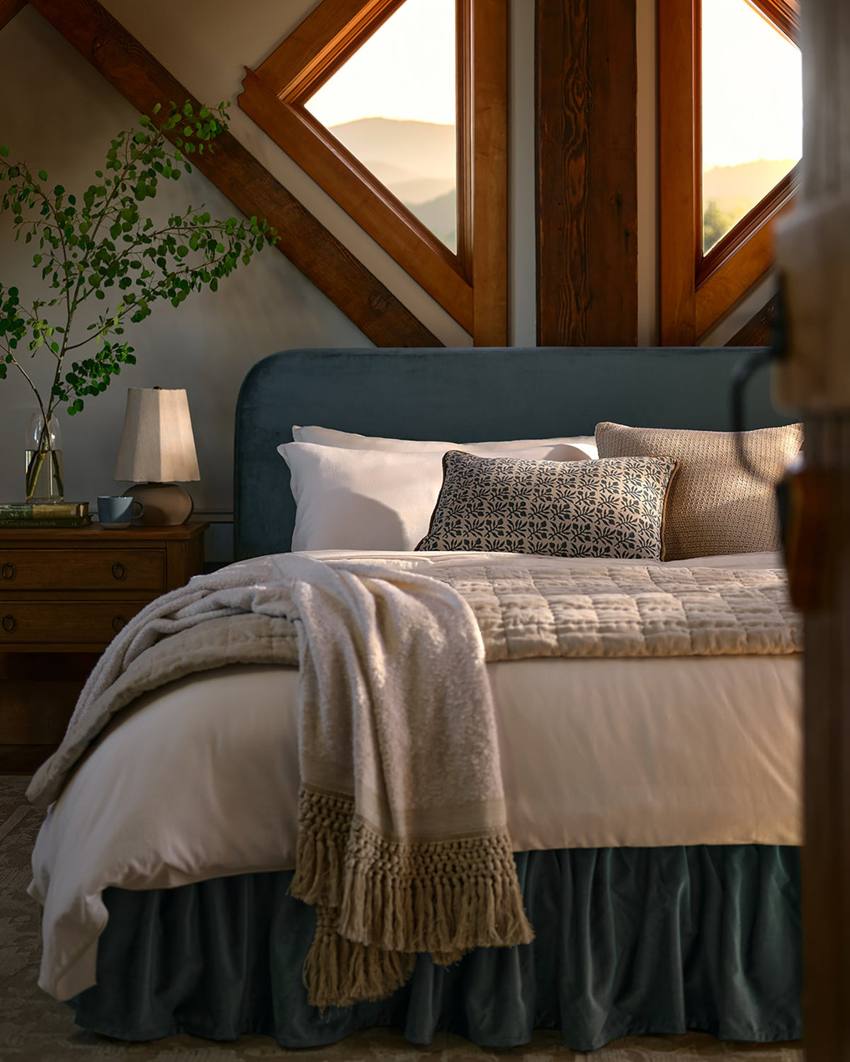 Mavelle Poppy Ruffle Velvet Upholstered Bed bed frame - Detail View