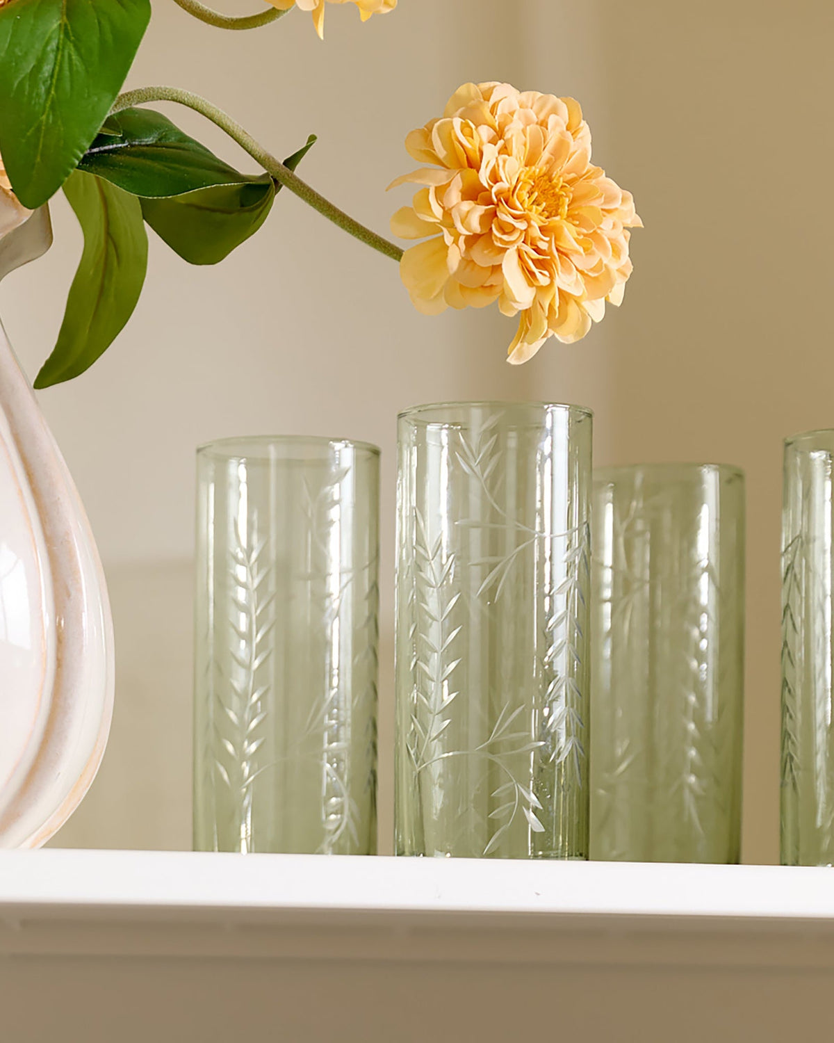 Mavelle Recycled Etched Glass Tumbler, Green drinking glass - Styled in Room
