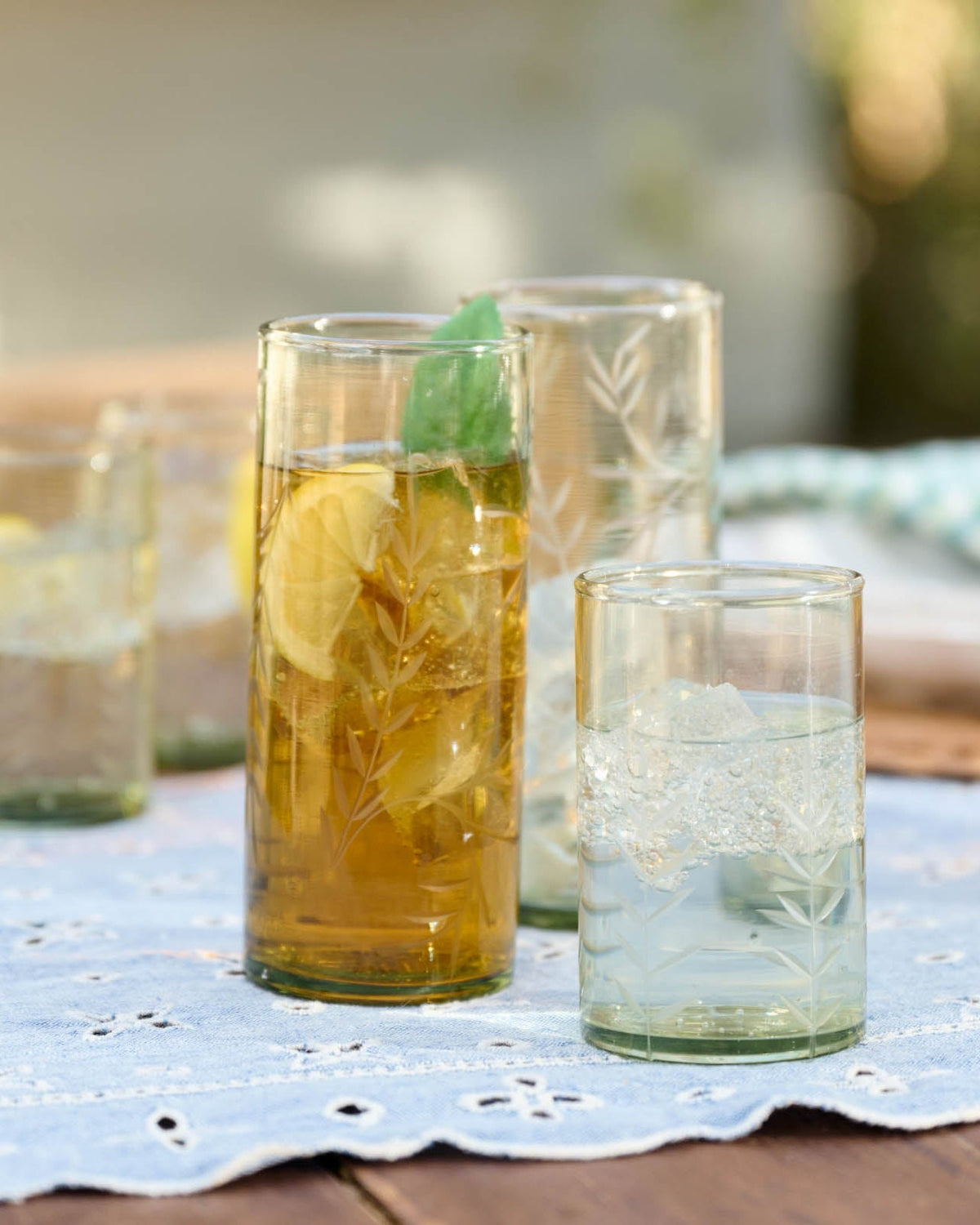 Mavelle Recycled Etched Glass Tumbler, Green drinking glass