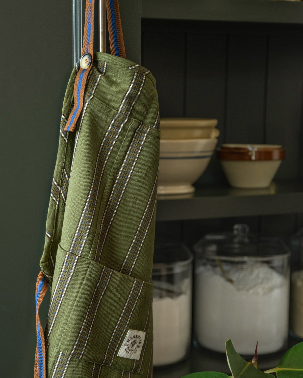 Mavelle Olive Herringbone Stripe Apron kitchen linen - Styled in Room