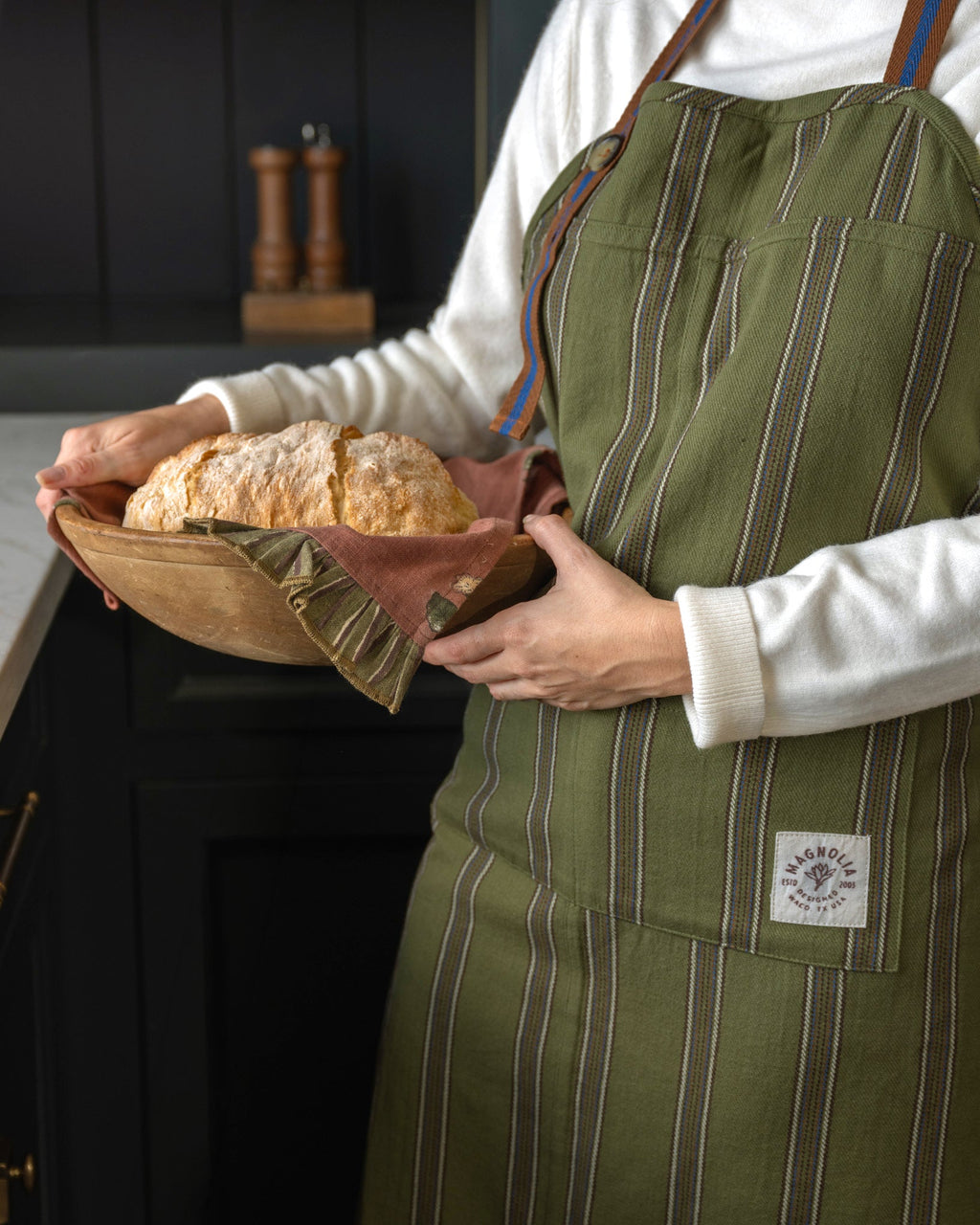 Mavelle Olive Herringbone Stripe Apron kitchen linen - Detail View
