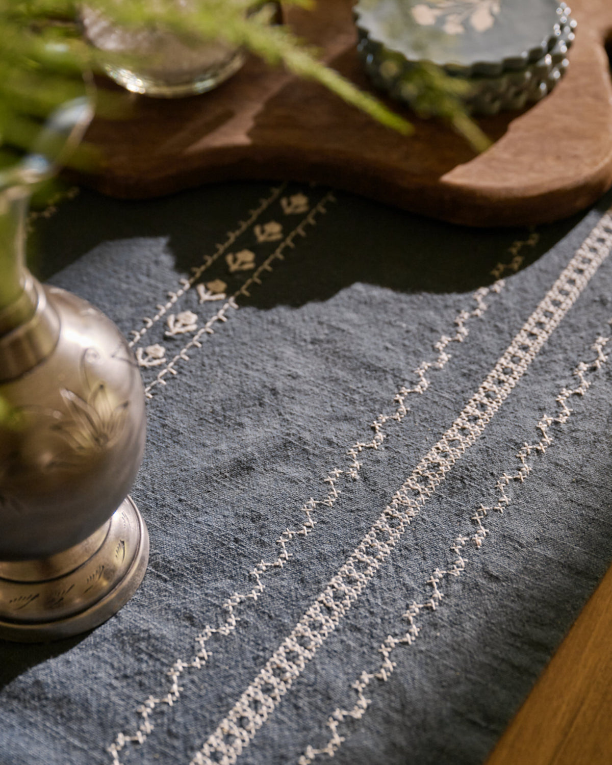 Mavelle Dusty Blue Embroidered Table Runner table runner - Styled in Room