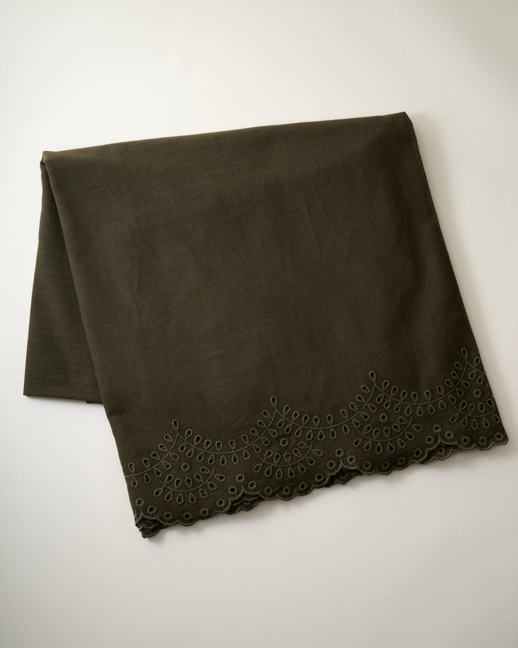 Mavelle Olive Green Scalloped Eyelet Tablecloth tablecloth - Styled in Room
