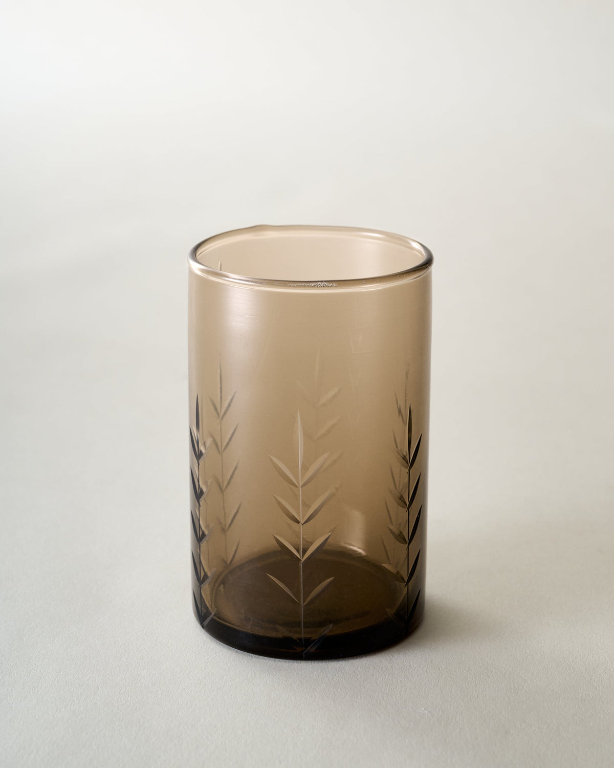 Mavelle Recycled Etched Glass Tumbler, Brown drinking glass - Styled in Room