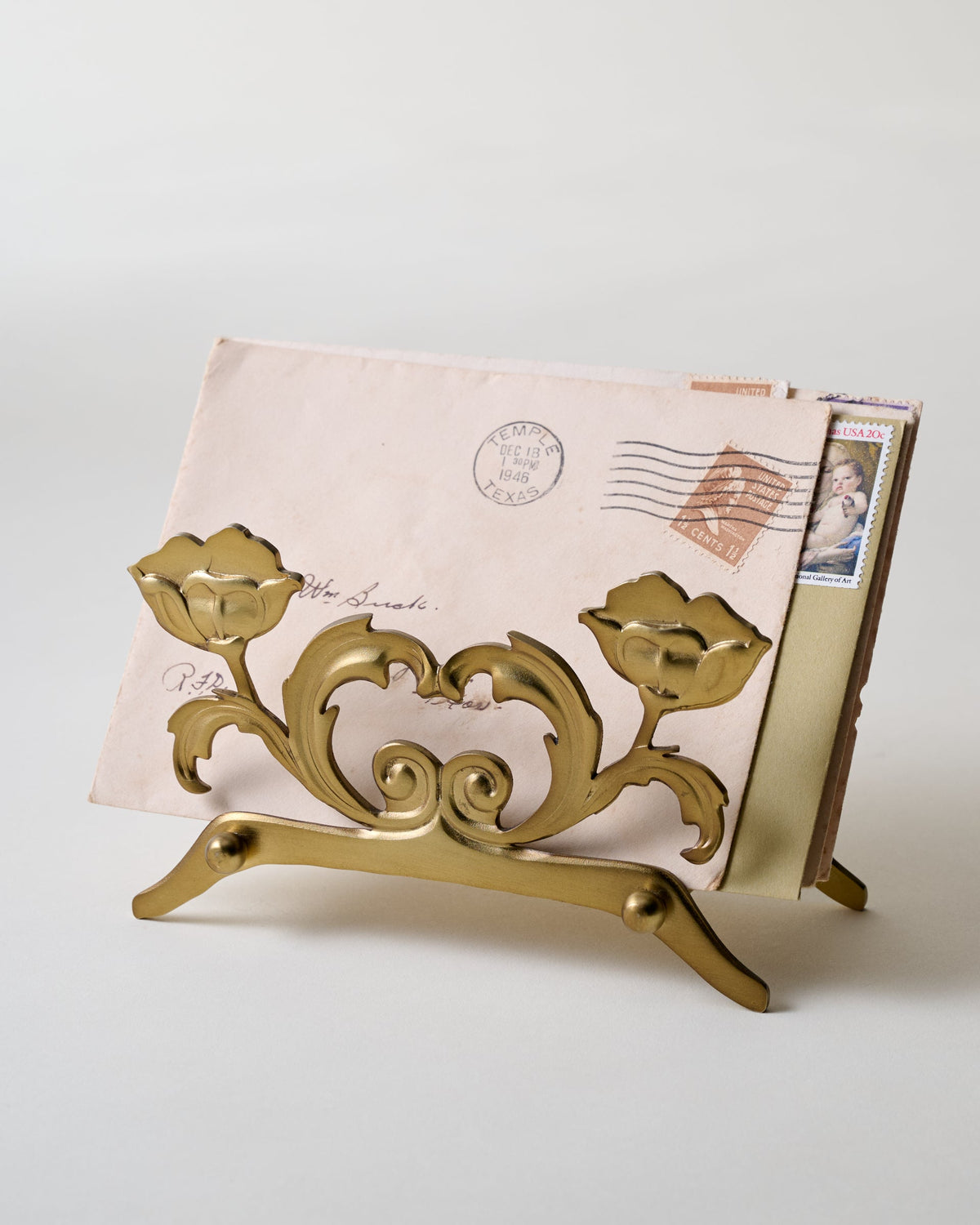 Mavelle Antique Brass Tulip Card Holder decorative accent - Styled in Room