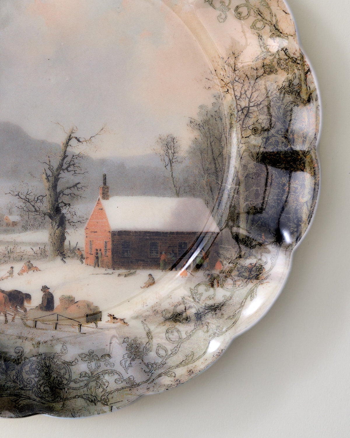 Mavelle Classic Christmas Scene Schoolhouse Dessert Plate dinnerware set - Styled in Room