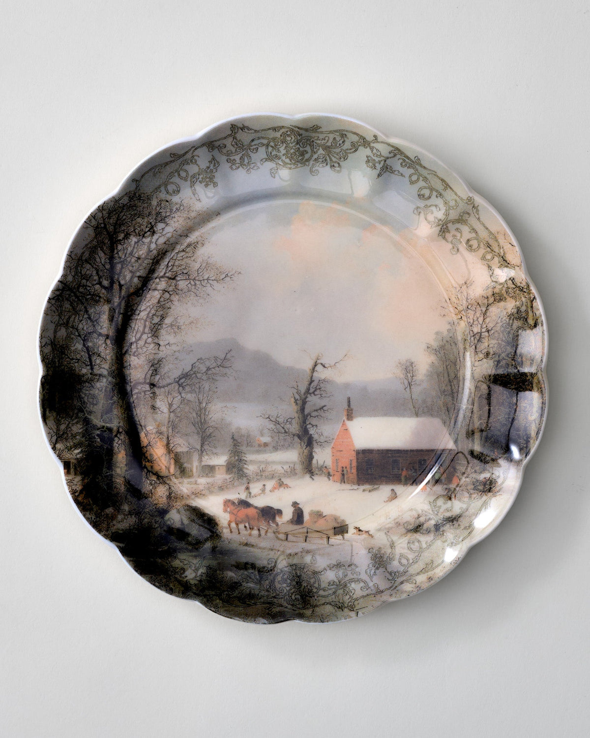 Mavelle Classic Christmas Scene Schoolhouse Dessert Plate dinnerware set - Detail View