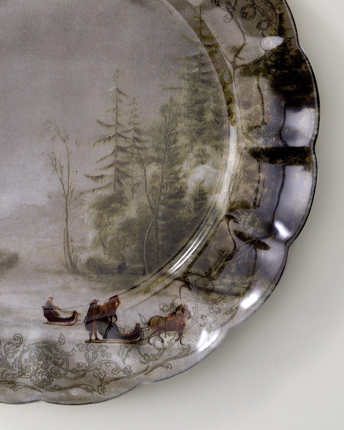 Mavelle Classic Christmas Scene Sledding Dessert Plate dinnerware set - Styled in Room