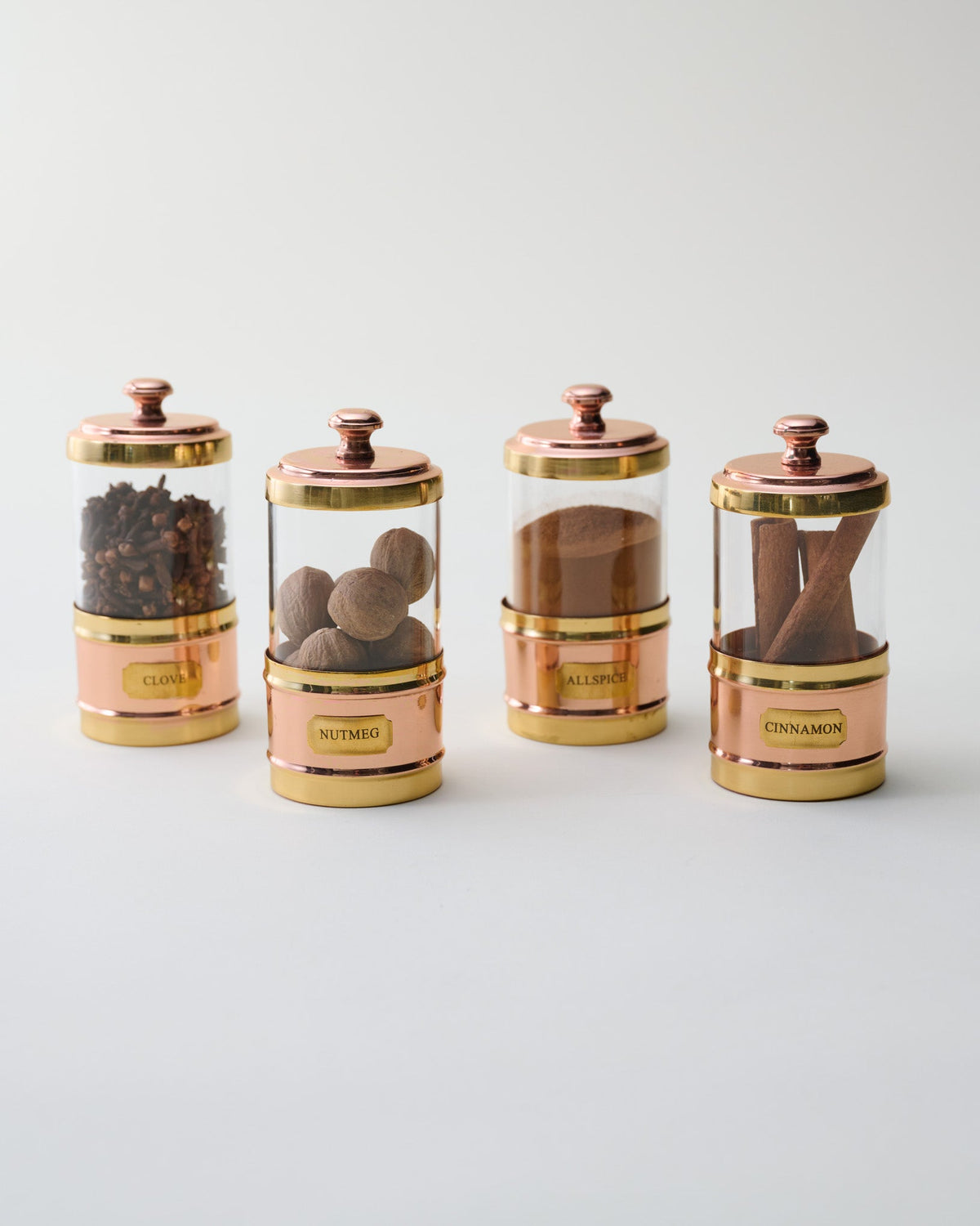 Mavelle Antique Copper and Glass Spice Jars Set of Four kitchen storage piece - Detail View
