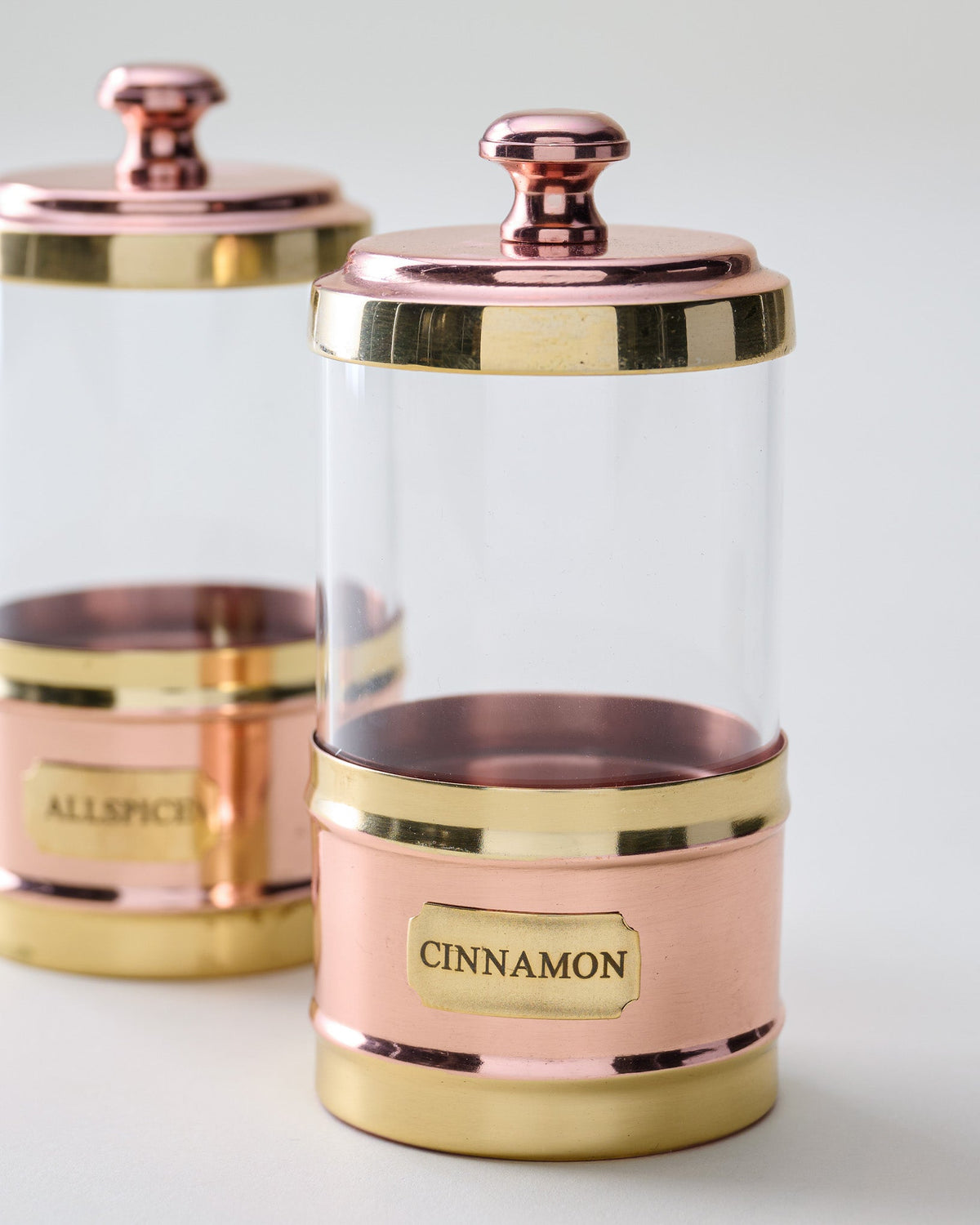 Mavelle Antique Copper and Glass Spice Jars Set of Four kitchen storage piece - Styled in Room