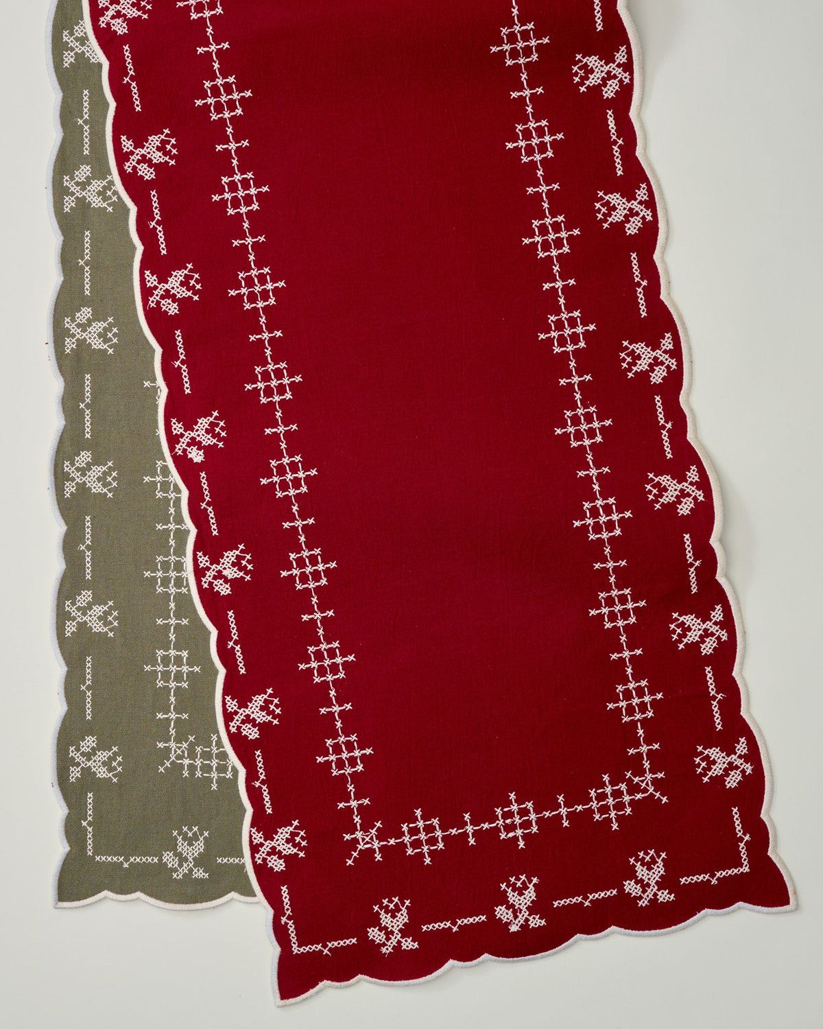 Mavelle Olive & Red Cross Stitch Winter Tulip Reversible Table Runner - 73"x15" table runner - Detail View