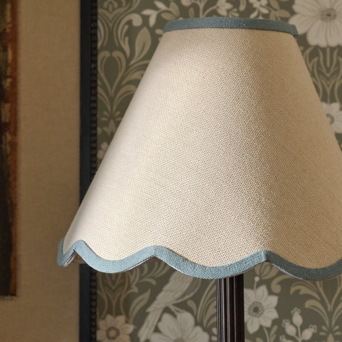 Mavelle Blue Wavy Trim Linen Shade lamp shade - Styled in Room