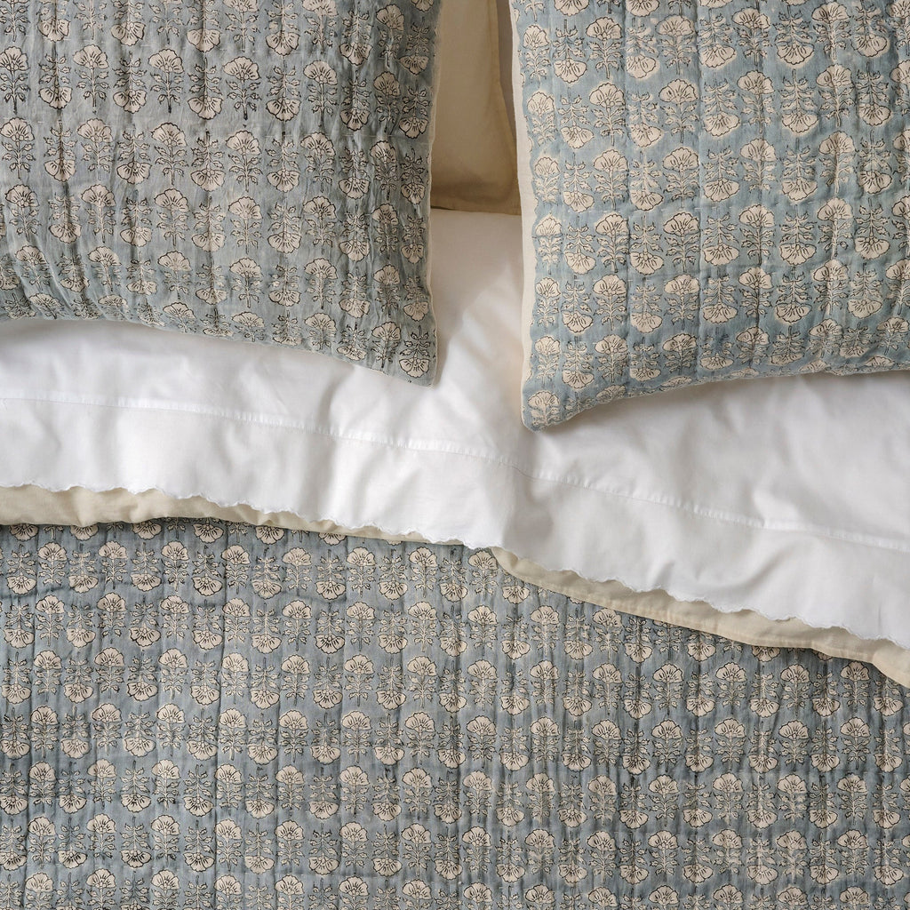 Mavelle Silver Blue Flora Block Print Quilt & Sham Set (King) quilt - Detail View