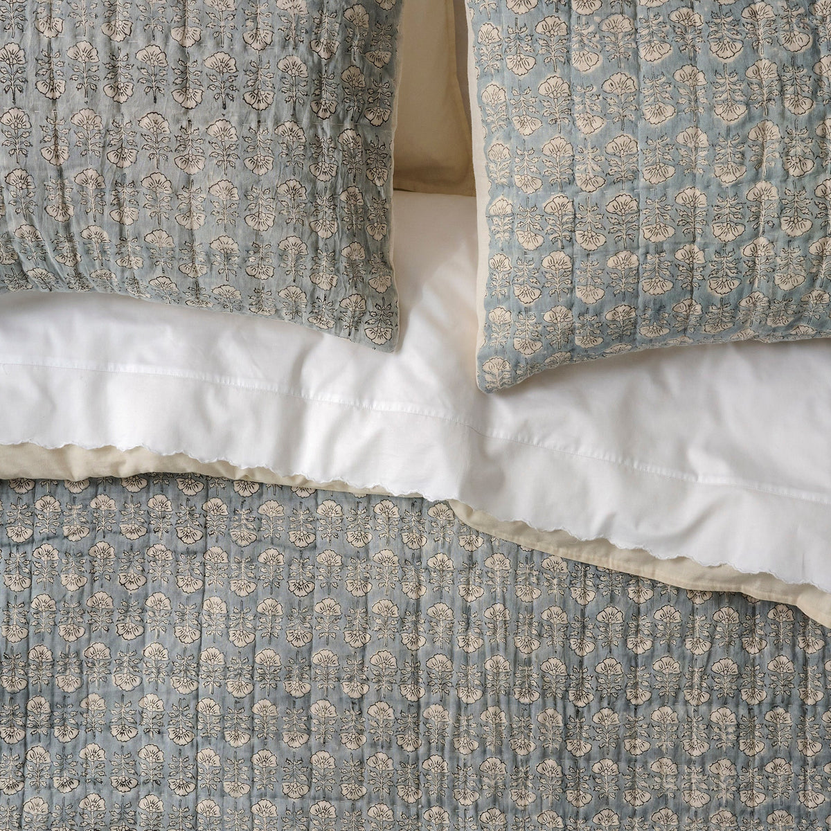 Mavelle Silver Blue Flora Block Print Quilt & Sham Set (King) quilt - Detail View