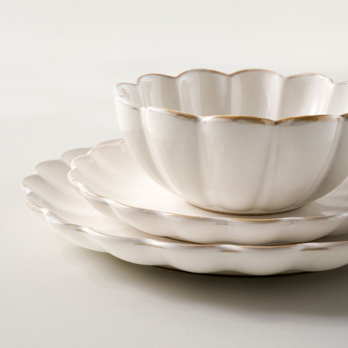 Mavelle Cream Scalloped 3-Piece Place Setting dinnerware set - Styled in Room