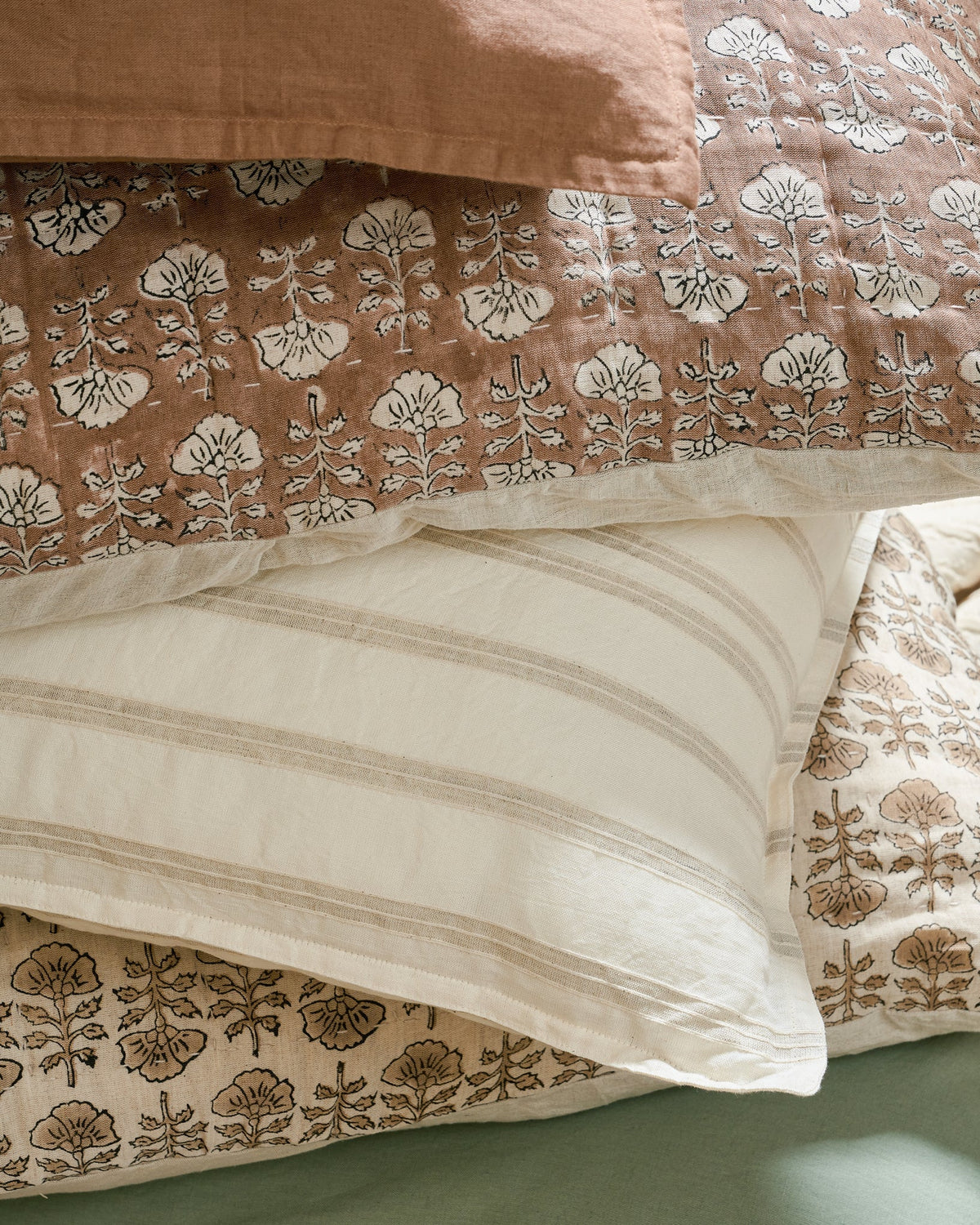 Mavelle Embroidered Oatmeal Stripe Linen Cotton Pillow Sham pillow sham - Styled in Room