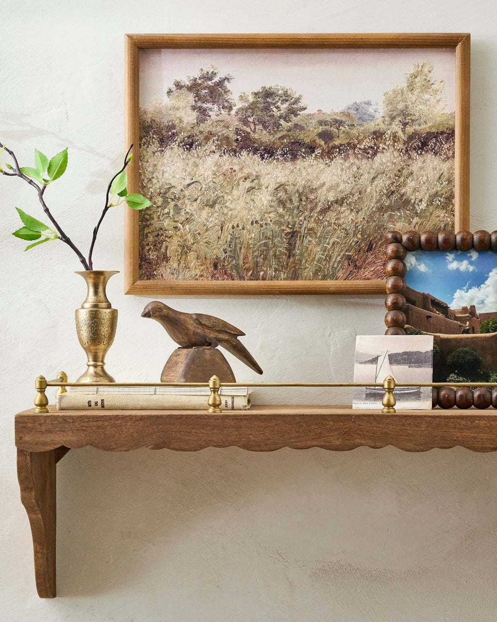 Mavelle Quinn Wood and Brass Railing Shelf wall shelf