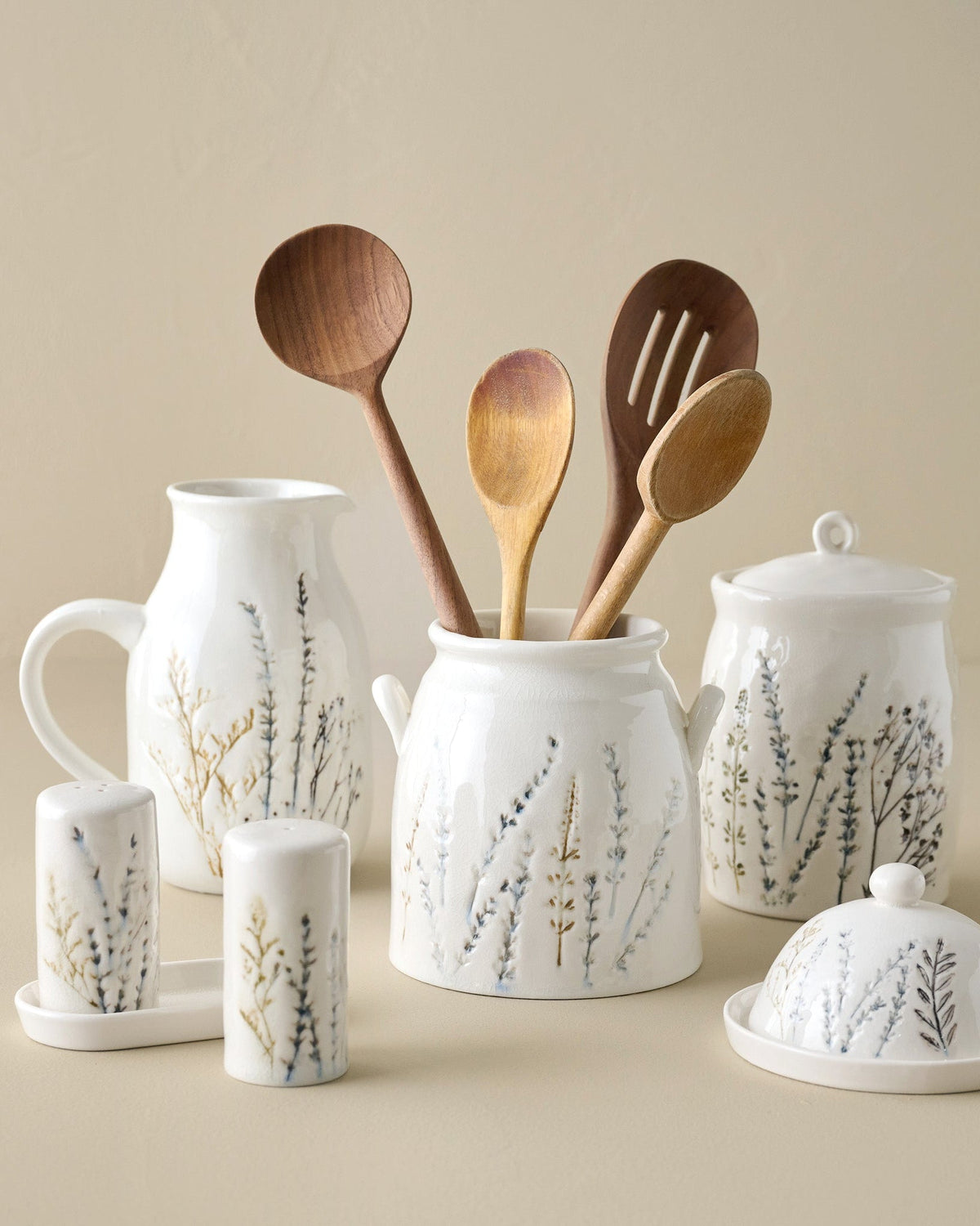 Mavelle Pressed Floral Utensil Crock kitchen storage piece - Styled in Room